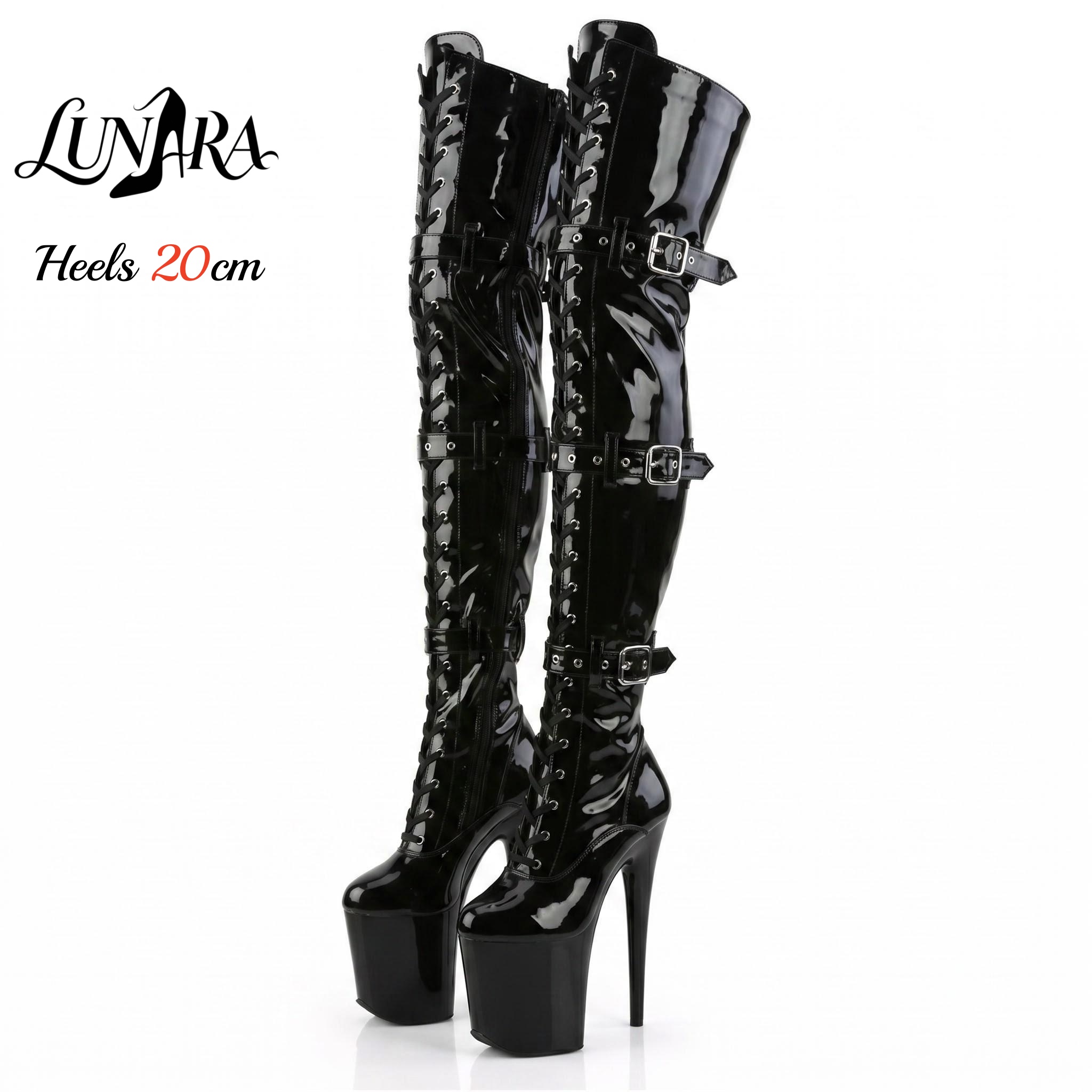20cm Black Gothic Over-the-Knee Platform Boots Stiletto Buckle Pole Dance Shoes Large Size Sexy Exotic Nightclub Stage