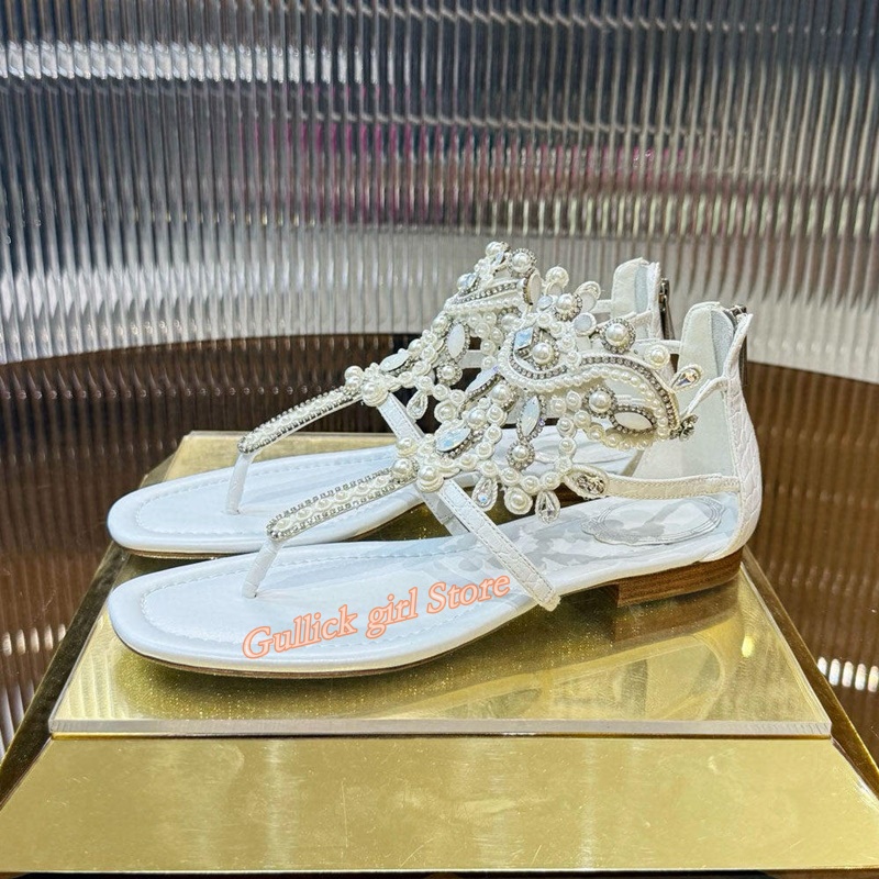 Perlen-Kristall-Dekor T-Riemen Sandalen Flip-Flops mit Niedrigem Absatz Rückseitiger Reißverschluss Sommer Damen Strandschuhe Offene Zehen Hohlhandgefertigte Schuhe