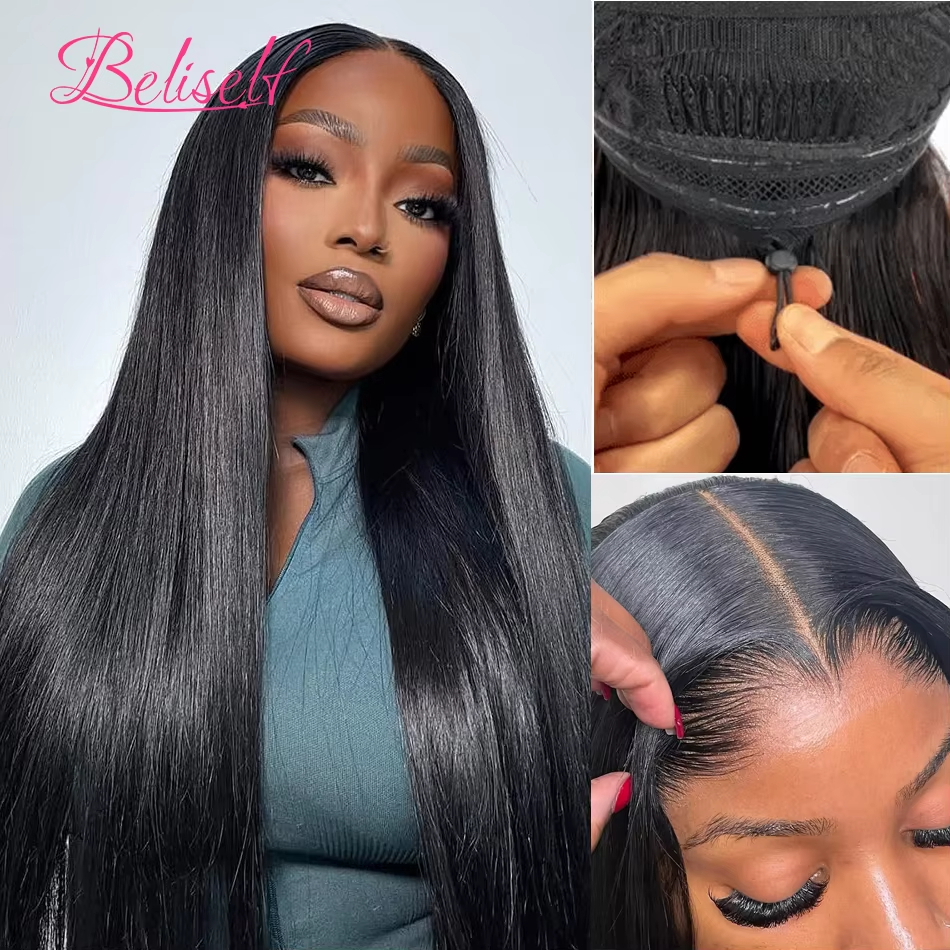 Beliself peruca de cabelo humano sem cola em linha reta 13x6 hd peruca frontal do laço puxar ir peruca sem cola cabelo humano com cordão elástico