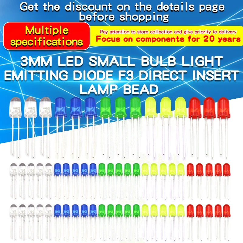 Kit assorti de diodes LED 3mm, 60 pièces/80 pièces/100 pièces, blanc, vert, rouge, bleu, jaune, Orange, F3, bricolage, Diodes électroluminescentes Led, Kit électronique