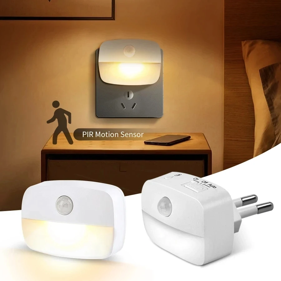 LED-Nachtlicht mit Bewegungssensor, EU-US-Buchse, AC 85–265 V, Pir-Menscheninduktionslampe, 3 Farben, Plug-in-Wand für Schlafzimmer, Flur