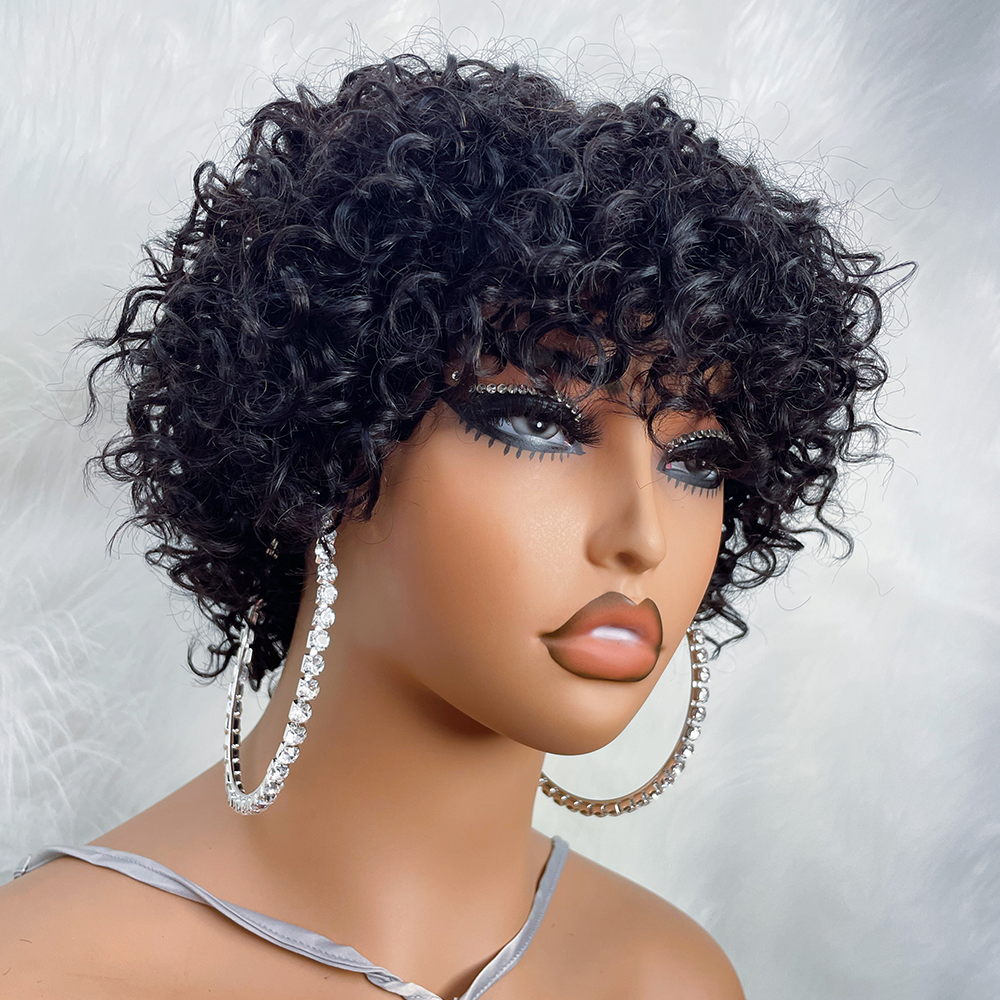 Pixie Cut Menselijk Haar Pruiken Voor Zwarte Vrouwen Afro Rose Krullend Funmi Lijmloze Pruiken Met Pony Korte Bouncy Krullend Bob Pruik Met Pony