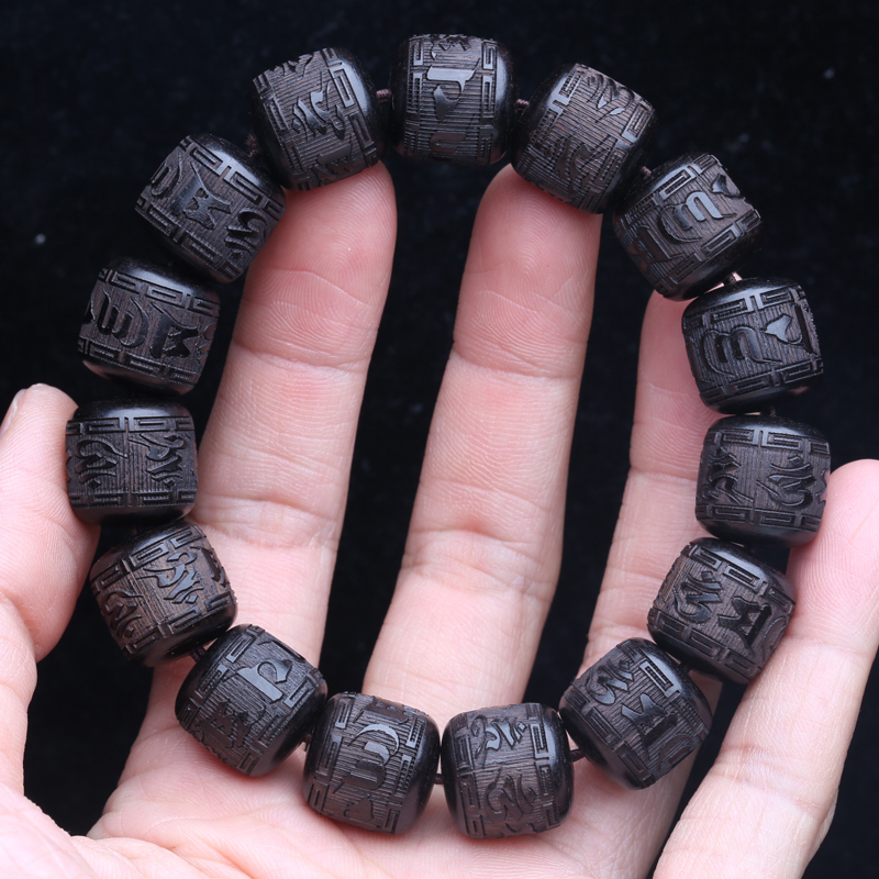 Gelang Roda Doa Tibet Mantra Enam Karakter Tibet Eboni Alami Otentik 15Mm Gelang Uniseks