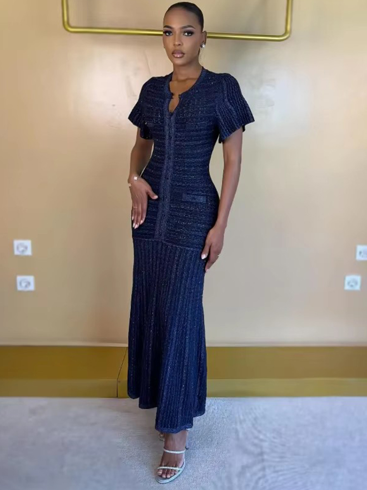 Pailletten-Maxikleid mit Rundhalsausschnitt, Kurzen Ärmeln, Gestrickt, Ausgeschnitten, Einreihig, Tailliert, Midi-Länge für Damen Party Glam