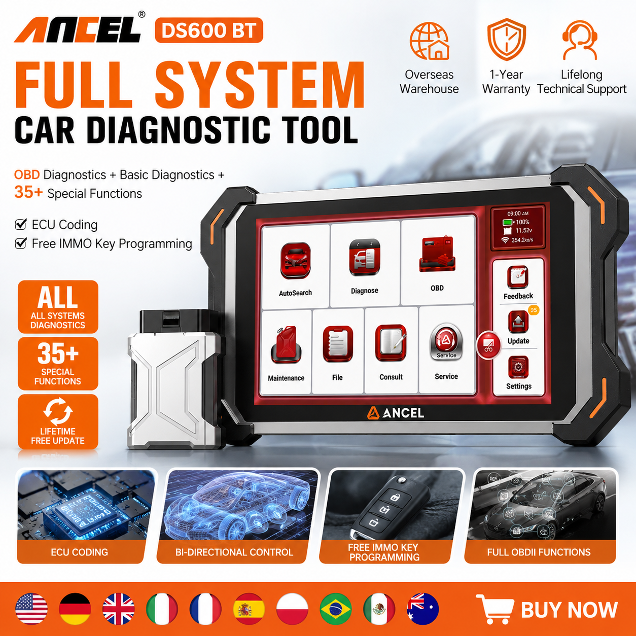 เครื่องสแกนรถยนต์ ANCEL DS600BT OBD2 ระบบเต็มรูปแบบ CANFD DOIP 34+ ฟังก์ชันรีเซ็ต โปรแกรมกุญแจฟรี FCA AutoAuth โค้ด ECU แบบสองทิศทาง