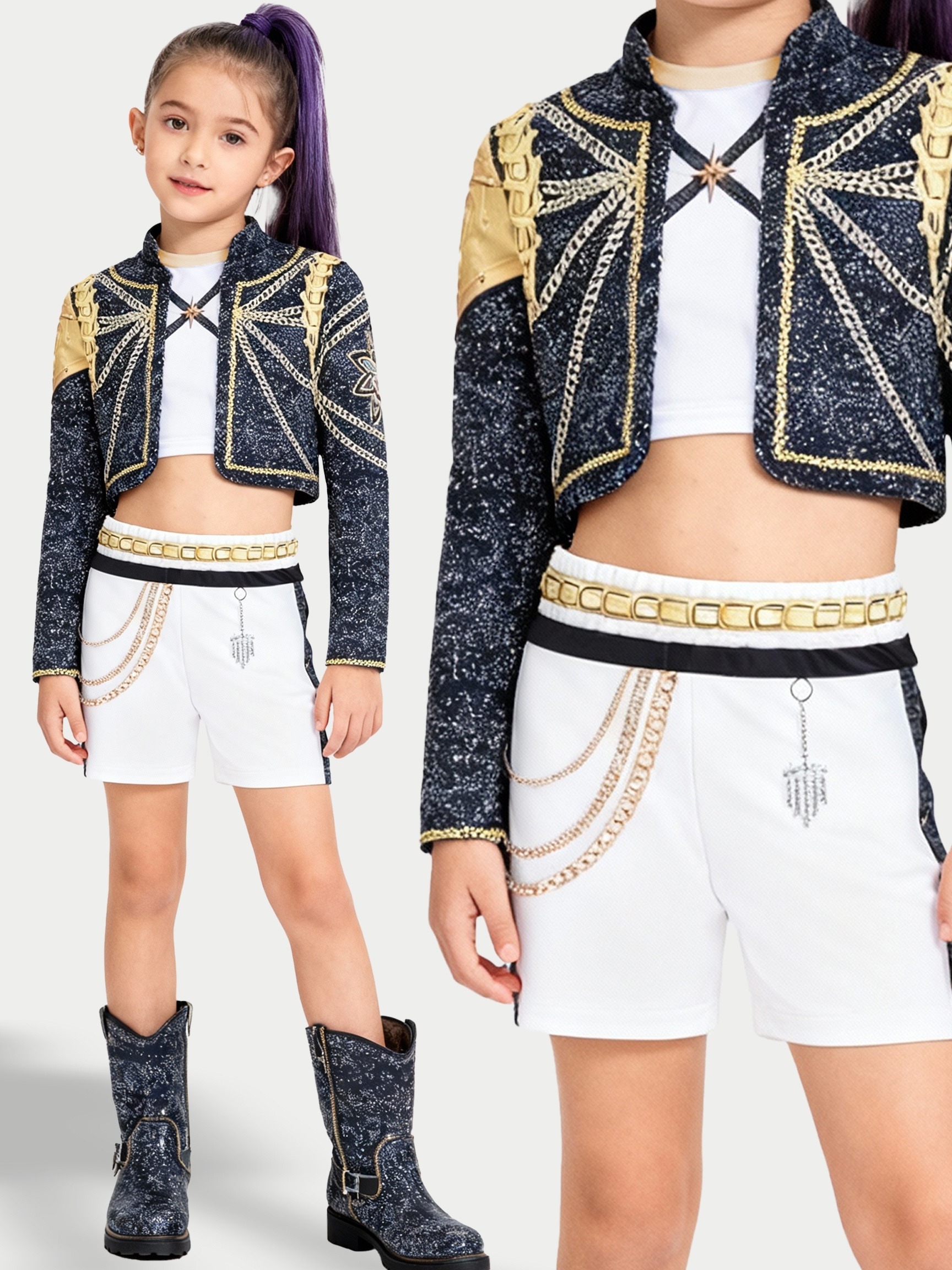 Conjunto de Jaqueta e Shorts com Detalhes em Glitter Dourado para Meninas, 3 Peças, com Correntes, Ideal para Dança e Recitais