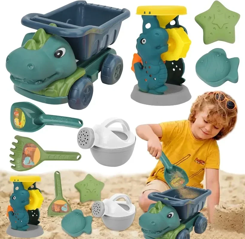 Juego de Coche y Pala de Playa - Juguetes de Arena con Temática de Dinosaurios y Dragas de Arena, Kit de Actividades Divertidas para la Playa para Niños de 3 a 8 Años, Pala para Arena