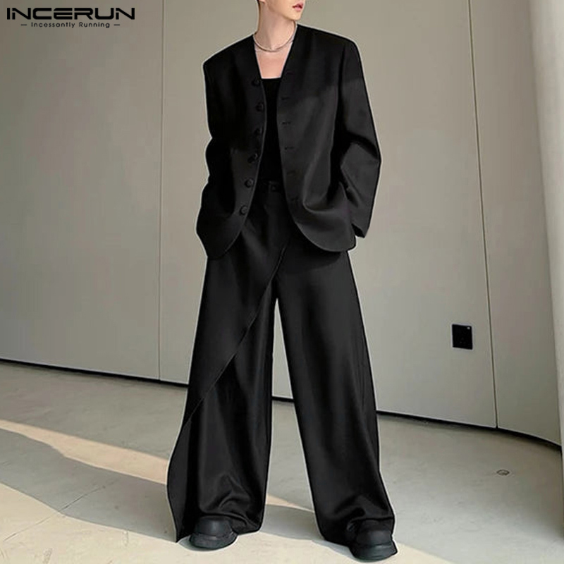 INCEURN Men Sets Solid Color Two-piece Sets Korean Style Fashion Long Sleeve Blazer & Pants Loose Streetwear Fashion Men Suits