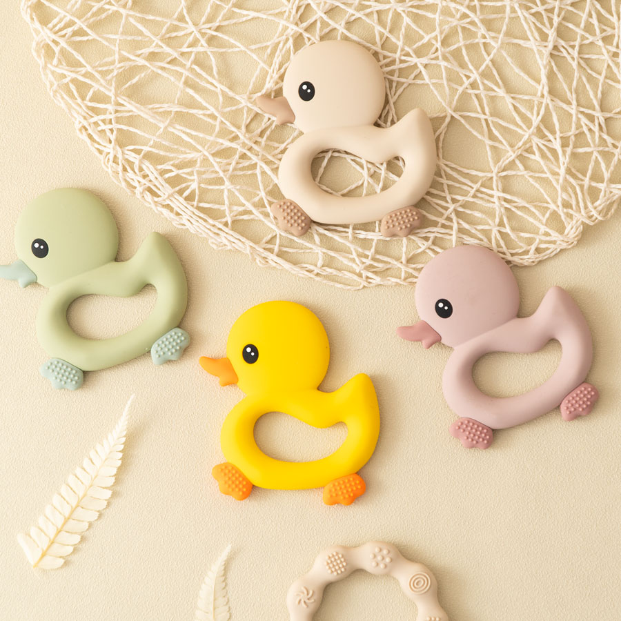Silicone dentição anel para o bebê, bpa livre, brinquedo de dentição macia, pato dos desenhos animados, acessórios do bebê, 1 parte