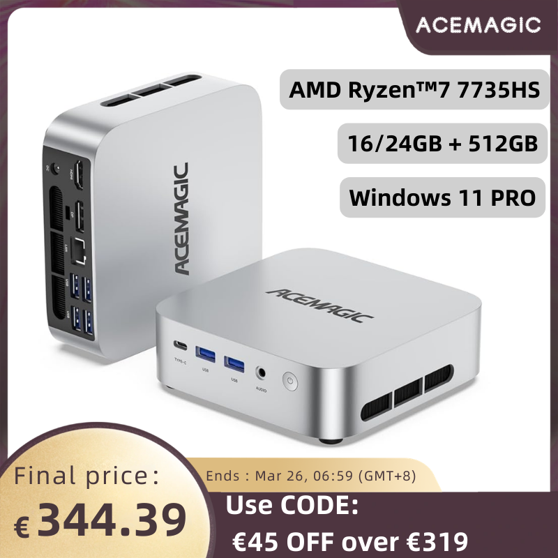 ACEMAGIC AMD Ryzen 7 7735HS Mini-PC (50% schnellere GPU als 5800H) 24GB LPDDR5 512GB NVMe SSD WiFi 6 Gaming-Desktop-Computer 4K-Unterstützung