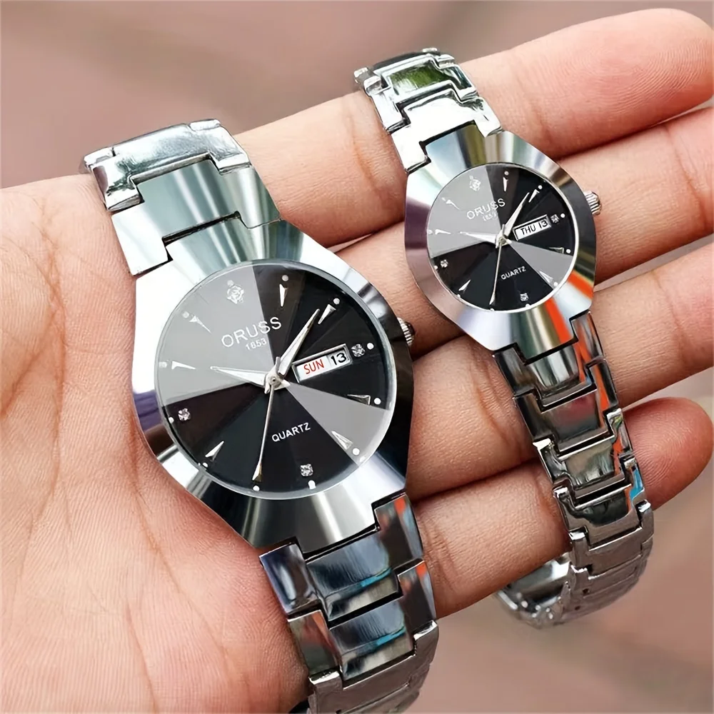 Reloj de cuarzo con corte de esfera para parejas, reloj de pulsera con calendario analógico a la moda para negocios, regalo de San Valentín para hombres y mujeres, 2 uds.