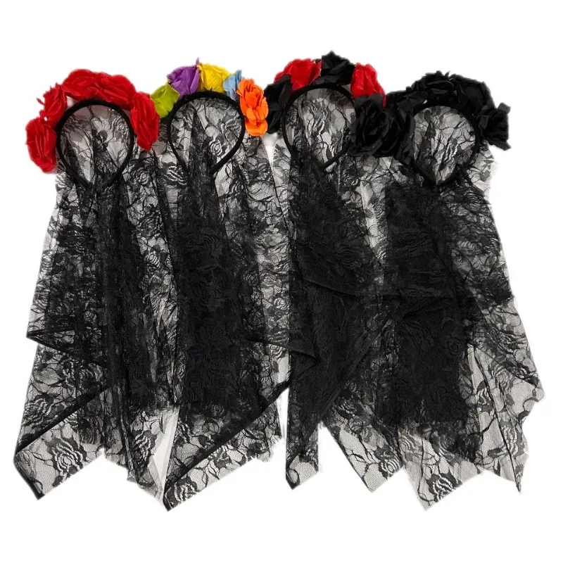 1 pçs véu preto halloween rosa flor bandana traje cosplay casamento mexicano rosa flor coroa bandana dia dos mortos festa