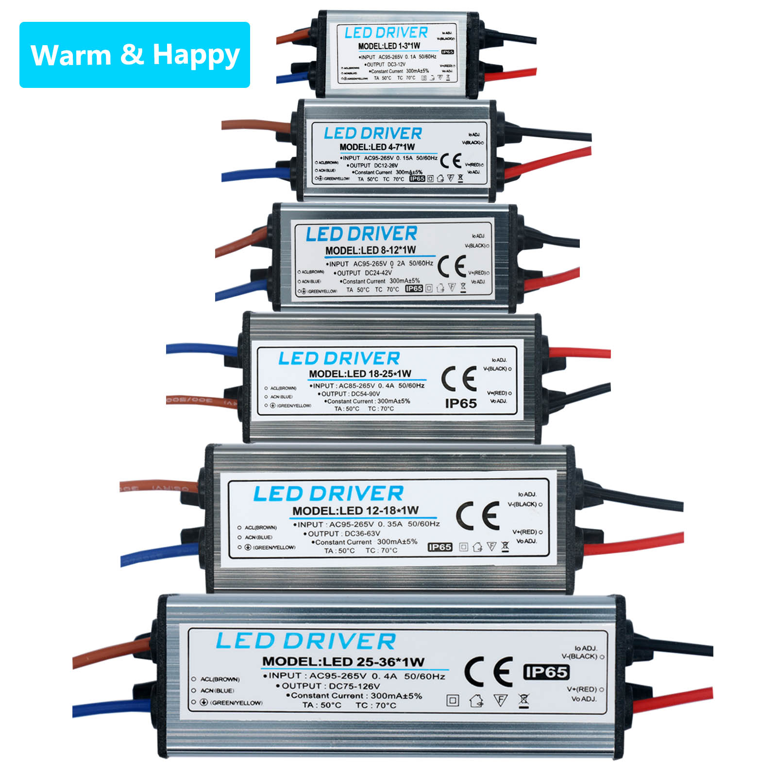 LED-Treiber 1–3 W, 4–7 W, 8–12 W, 12–18 W, 18–24 W, 25–36 W, AC95 V–265 V, Netzteil, 300 mA, wasserdichter IP65-Beleuchtungstransformator
