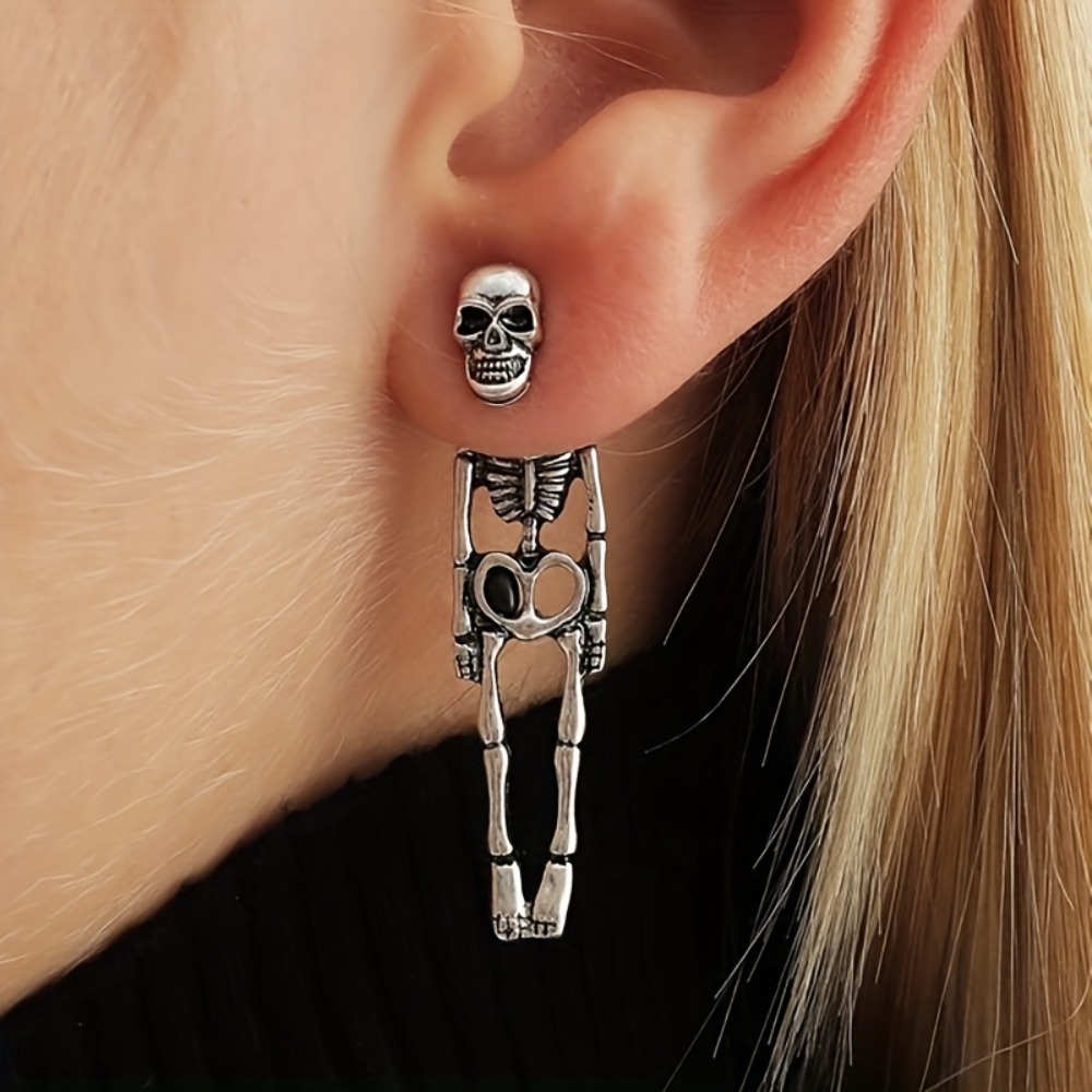 1 Paar Mädchen-Ohrringe im Halloween-Stil mit silbrigem Skelett-Design, Retro-Gothic-Stil-Schmuck