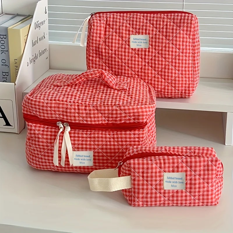 Bolsa de maquillaje a cuadros, bolsa de cosméticos portátil de gran capacidad para mujeres y niñas, bolsa de aseo para el cuidado de la piel, bonita cartera multifuncional