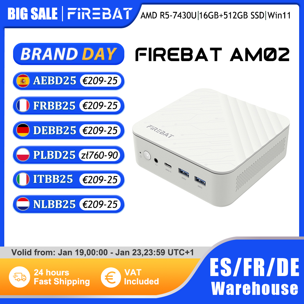 FIREBAT AM02 MINI PC AMD Ryzen 5 7430U Windows 11 Mini PC 16GB DDR4 3200MHz 512GB SSD Wifi 6 BT5.2 HDMI 2.1 ordinateur de bureau