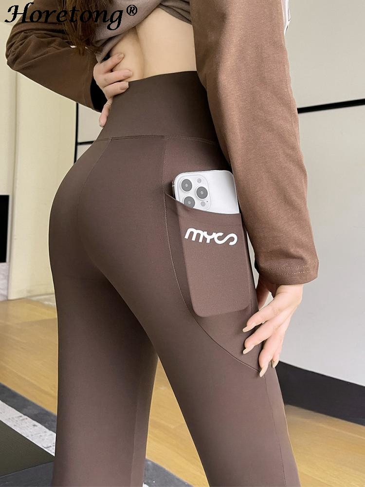 Horetong calças esportivas femininas com bolso cintura alta fitness correndo casual streetwear feminino apertado treino roupas de ginásio
