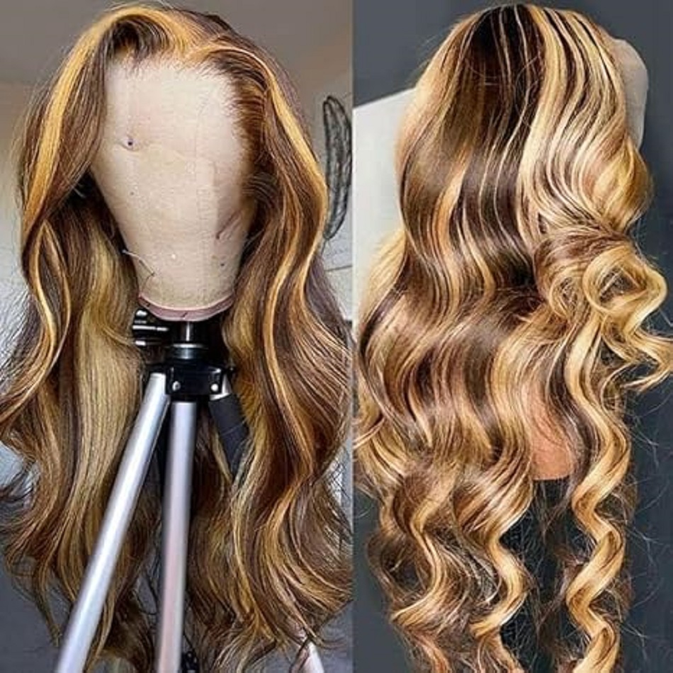Peruca Frontal Sixqueen 13x4 Ombre com Mechas, Cabelo Humano com Baby Hair, Densidade 180, Loiro Mel 4/27, Ondulada, 26 Polegadas
