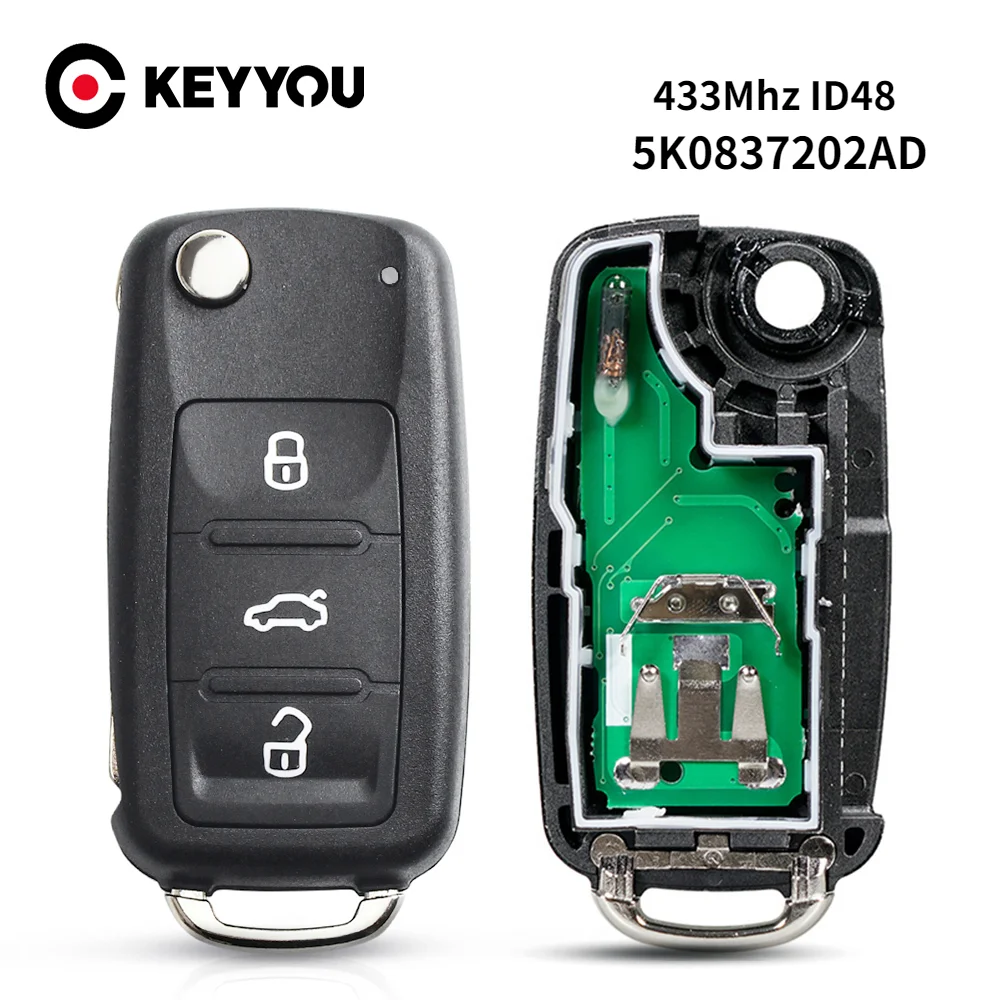 KEYYOU 5K0837202AD Fernschlüssel für VW für Volkswagen Beetle/Caddy/Eos/Golf/Jetta/Polo/Scirocco/Tiguan/Touran/UP 433Mhz ID48Chip