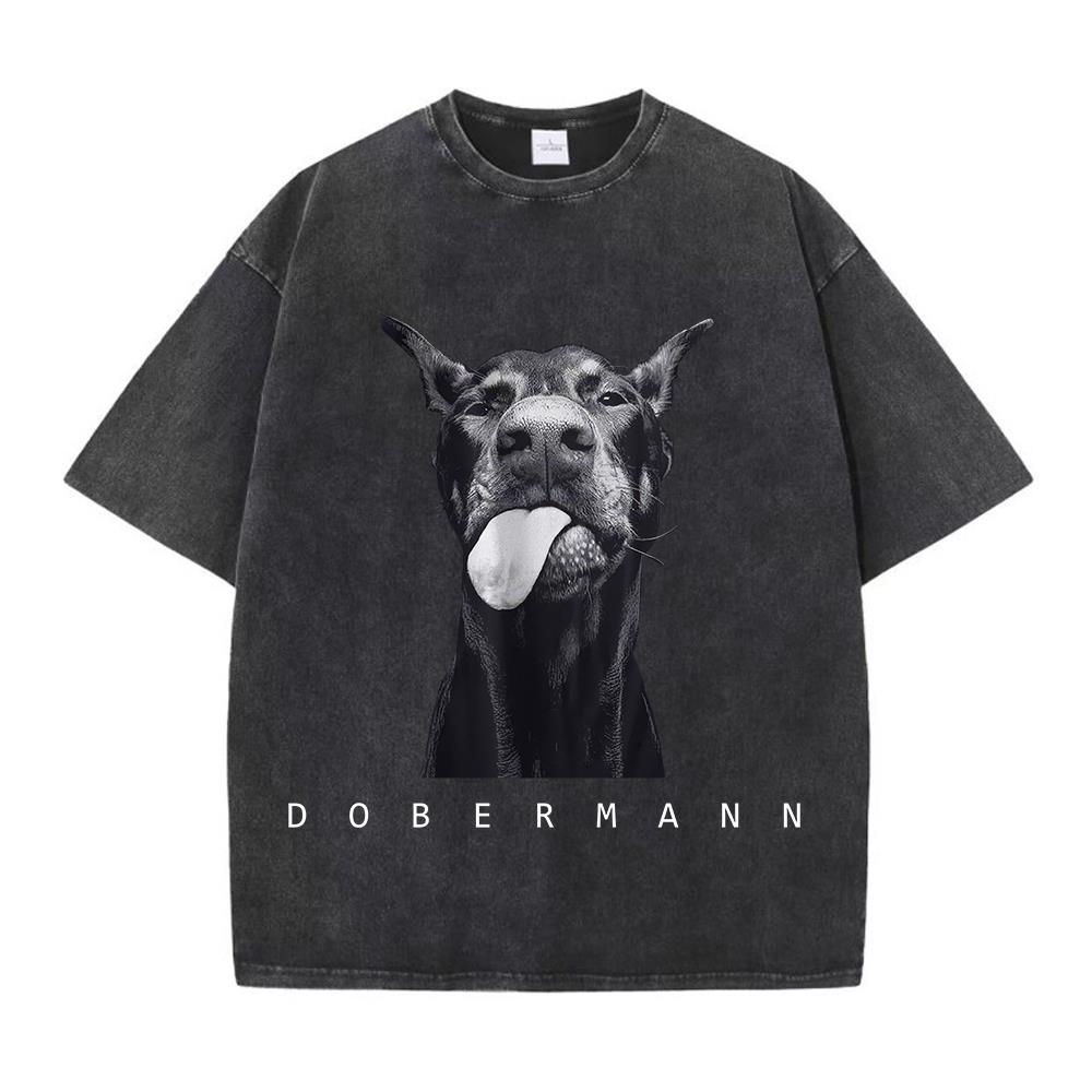 สตรีผ้าฝ้ายล้างเสื้อยืดแฟชั่นความคิดสร้างสรรค์ Doberman พิมพ์แขนสั้น O-คอหลวม Distressed Street เสื้อผ้าหญิง
