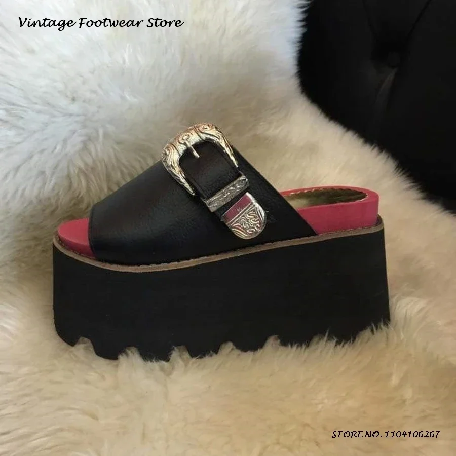 Vintage Belt Buckle Platform Shoes Western Round Open Toe Height Increasing Slippers Women's Summer Fashion Pull On Casual Shoes