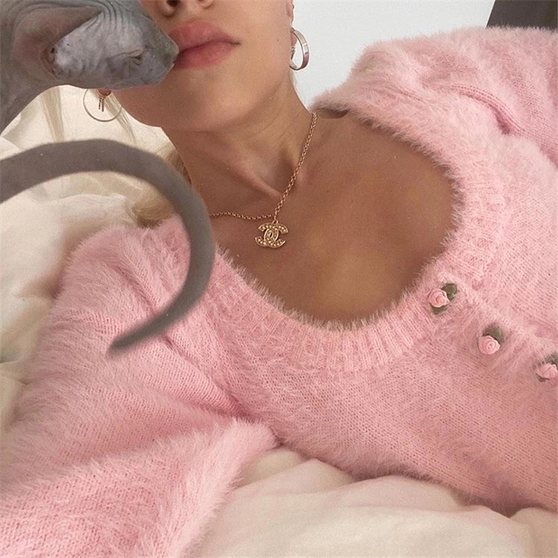 Top a maniche lunghe lavorato a maglia top corto coreano stilista abbigliamento donna fiore di lusso rosa maglione vinttage eleganti pullover