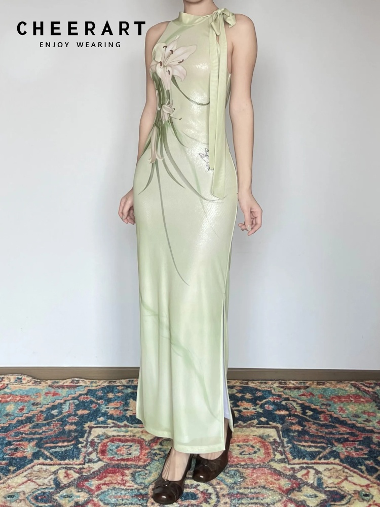 CHEERART Vestido largo sin mangas verde menta con estampado floral de lirios, elegante, para mujer, con cuello anudado, ajustado, tipo túnica, línea A, maxi