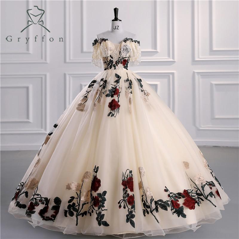 แชมเปญใหม่ Quinceanera ชุดหรูหราลูกไม้ชุดเดรสปาร์ตี้ Off ไหล่พรหมชุดไปงานเต้นรำ Plus ขนาด Quinceanera ชุด