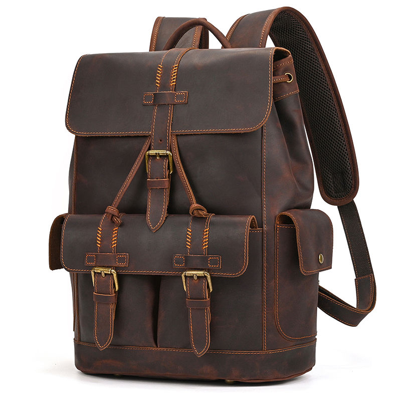 Nuevo diseño 2025, bolso de ordenador de cuero Crazy Horse para hombre, mochila de cuero para hombre y mochila escolar retro de gran capacidad