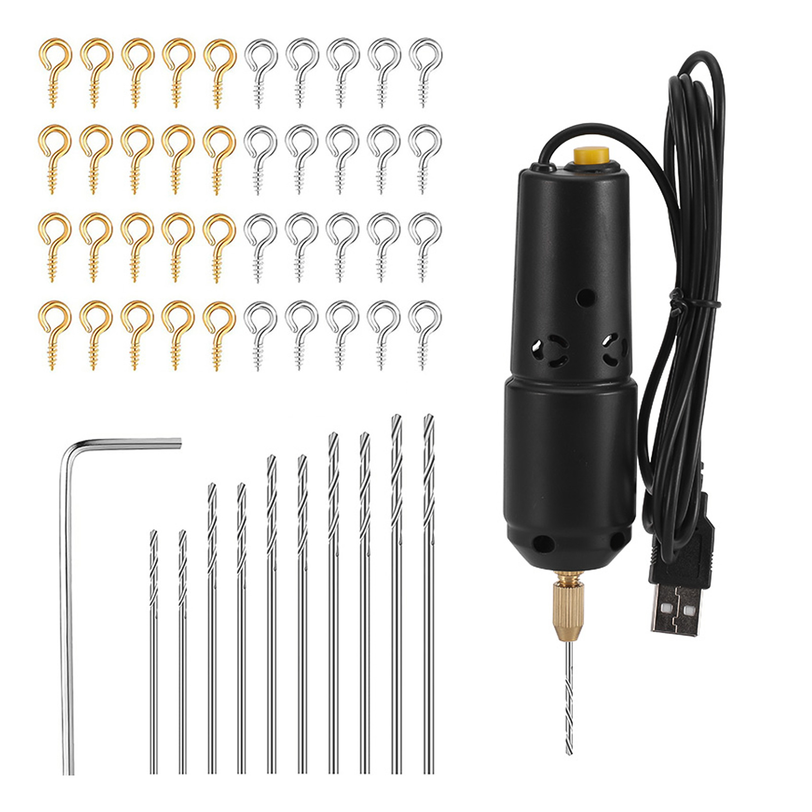 Set di trapani Mini trapano elettrico in resina con 10 punte da trapano 100 pezzi Perno a vite per gioielli Prodotti in alluminio fai da te Portachiavi in legno