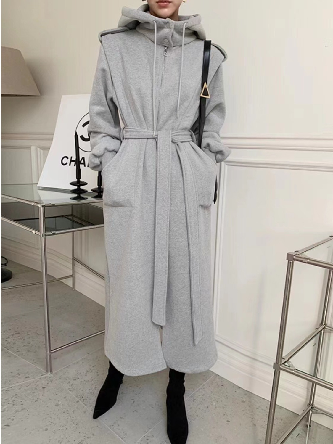 East Gate シックな厚みのあるロングパーカージャケット女性のハイカラー防風ジッパー巾着チョッキ通勤スタイルピュアカラー