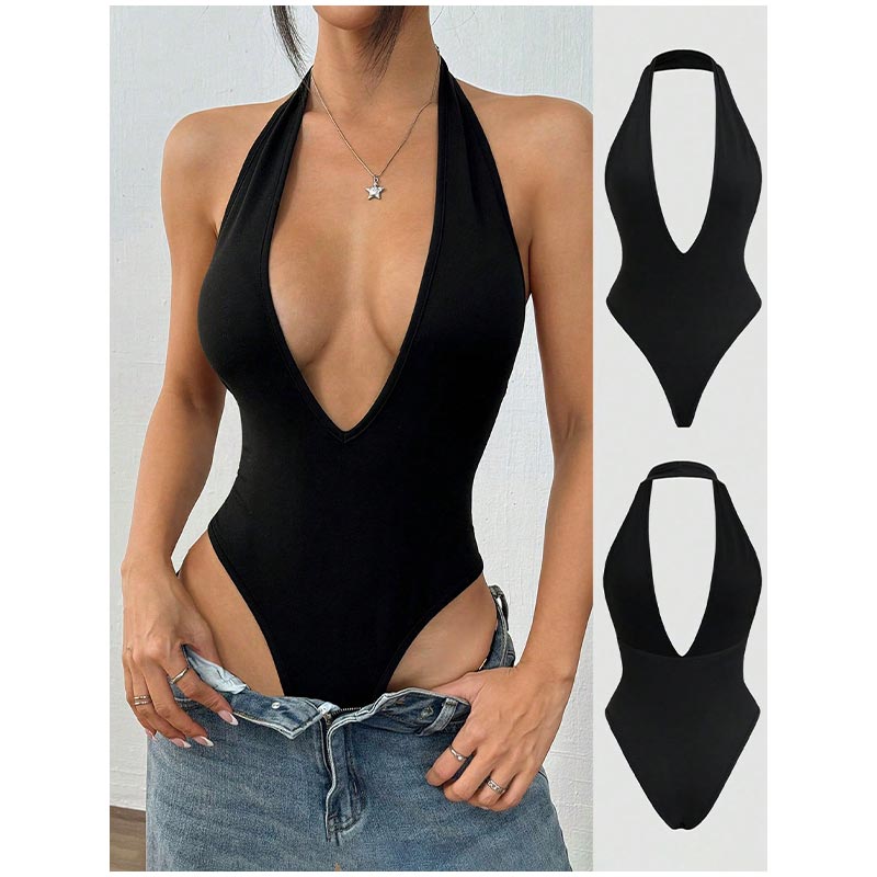 Bodysuit Seksi Model Leher Gantung, V-neck, Hot Girl, Slim Fit, Tanpa Punggung, Jumpsuit Ramping, Pakaian Pantai Modis, Gaya Terbaru