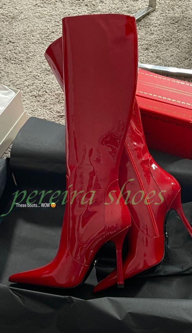 Dameslaarzen van rode metallic PU leer met spitse neus, ritssluiting, runway stijl, sexy rode metallic PU retro stijl knielange laarzen, maat 34-46