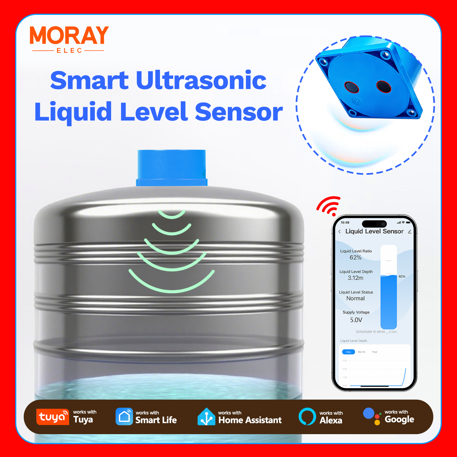 Moray ME201W Tuya Smartlife APP WiFi Wireless Smart Ultrasonic Water Tank Controller Tank Level Monitor Liquid Level Sensors