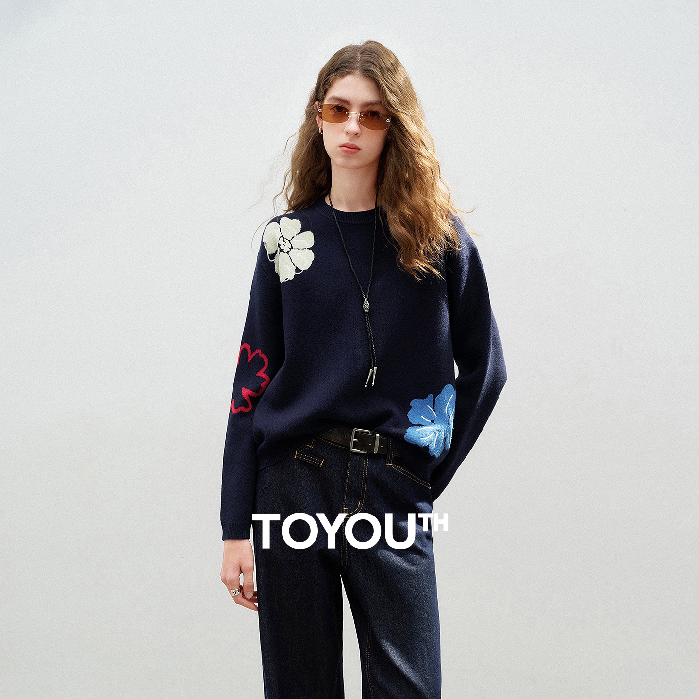 TOYOUTH Mulheres Soft Core-Spun Fio Malha Tops 2026 Primavera Nova Crew Neck Botânico Floral Jacquard Blusas