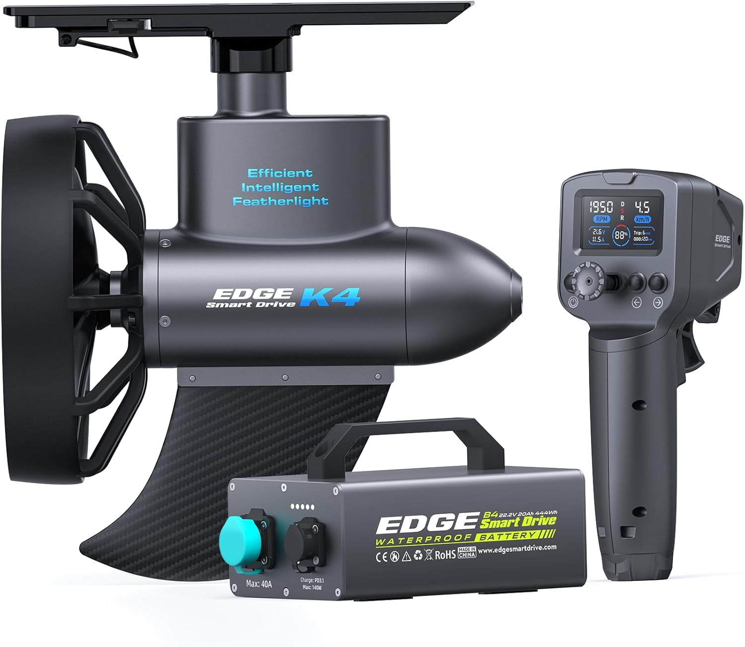 Kit de motor sem escova Camolech K4 400W (Kayak/SUP) - impulso de 20 libras, controle remoto Bluetooth, Cruise Ctrl, leve