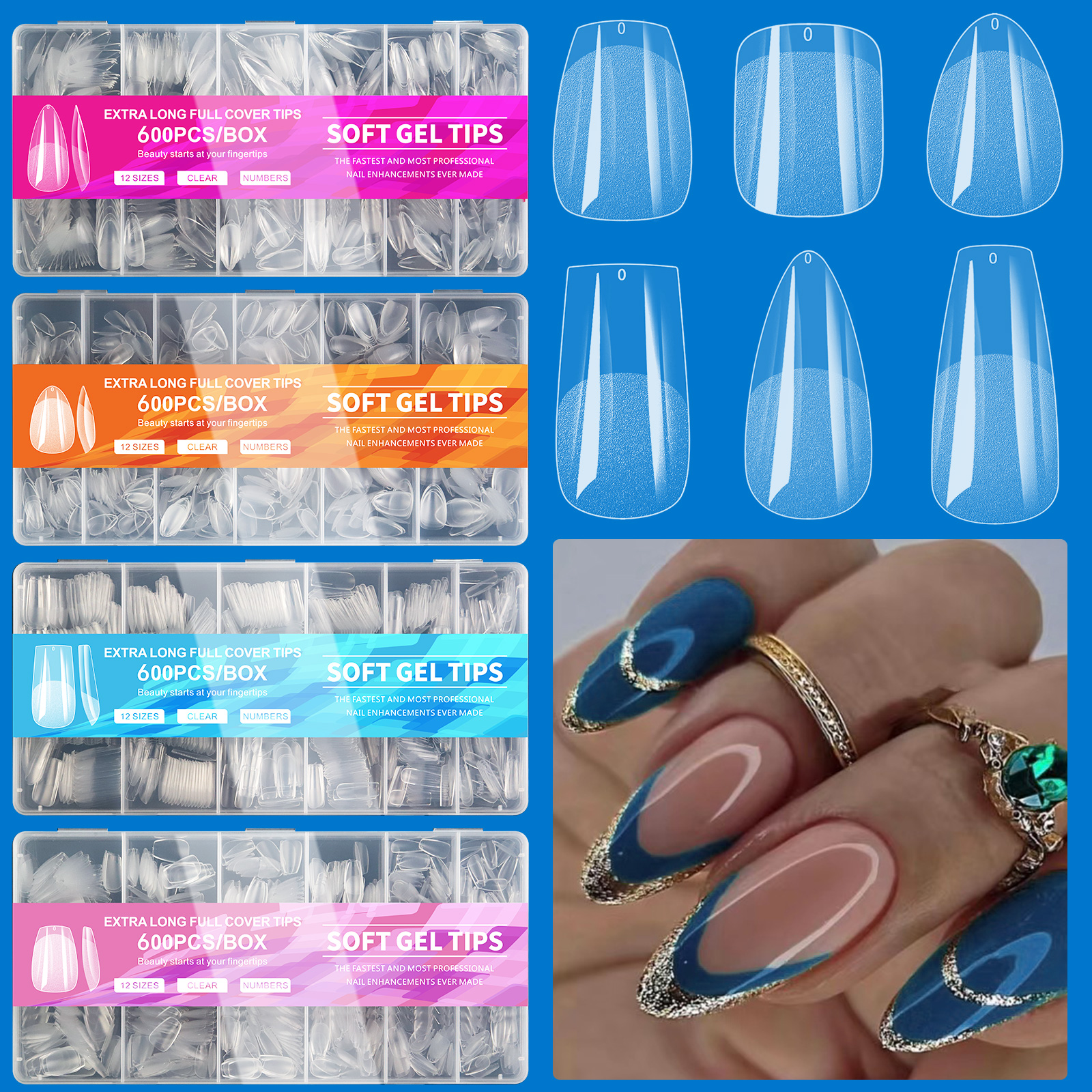 600 Stück volle Abdeckung drücken auf Nagels pitzen Stiletto Mandel quadratischen Sarg Französisch falsche gefälschte Gel Nagel verlängerung spitzen Kapsel einweichen