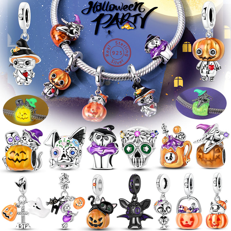 Halloween-Charm-Perlen-Anhänger aus 925er-Sterlingsilber, Kürbis, Hexe, Puppe, Skelett, Mumie, Süßigkeiten-Charm, passend für Original-Armbänder, DIY-Schmuck