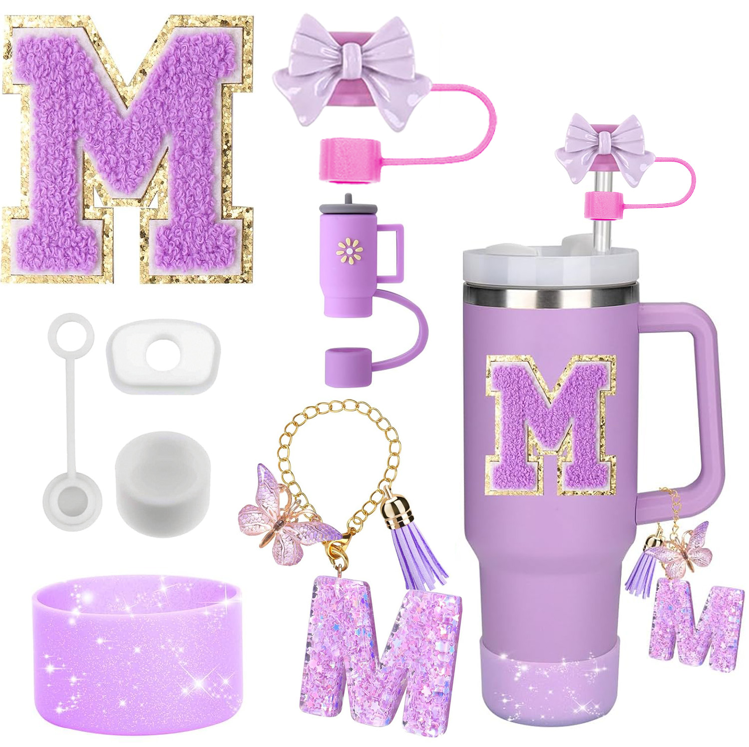 8PCS Zestaw akcesoriów do kubka Stanley Purple 30oz 40oz Kubek silikonowy Słomka Pokrywa Pokrywa Uchwyt Uchwyt Urok Inicjały Naklejka