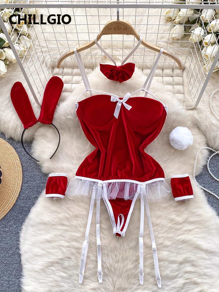 CHILLGIO, monos de terciopelo de conejito para mujer, moda erótica, monos de retazos de encaje sólido, ropa de dormir ajustada, mono combinado de una pieza