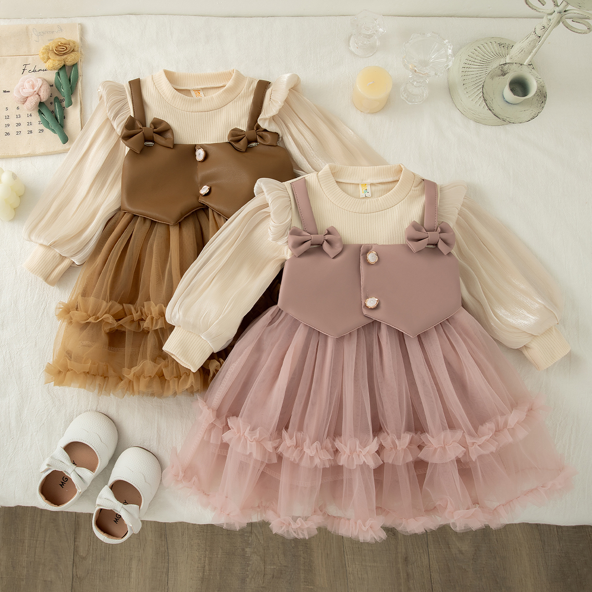 Vestido de Menina para Primavera e Outono, Vestido Rosa de Tule com Mangas Longas e Laço, Traje Elegante de Princesa para Ocasiões Especiais