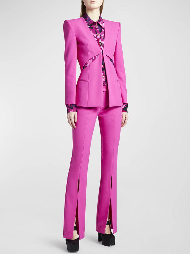 HIGH STREET Newest 2026 Designer Suit Set Women's Hollow Out Collarless Blazer Slit Pants Suit