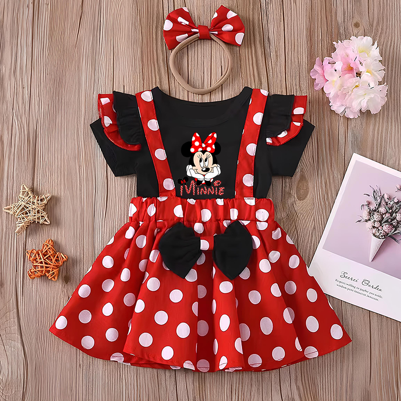 Conjunto de Minnie Mouse para niña, vestido para niño, conjunto de ropa para bebé, disfraz de cumpleaños de verano, falda con tirantes de lunares, diadema con lazo, traje de falda