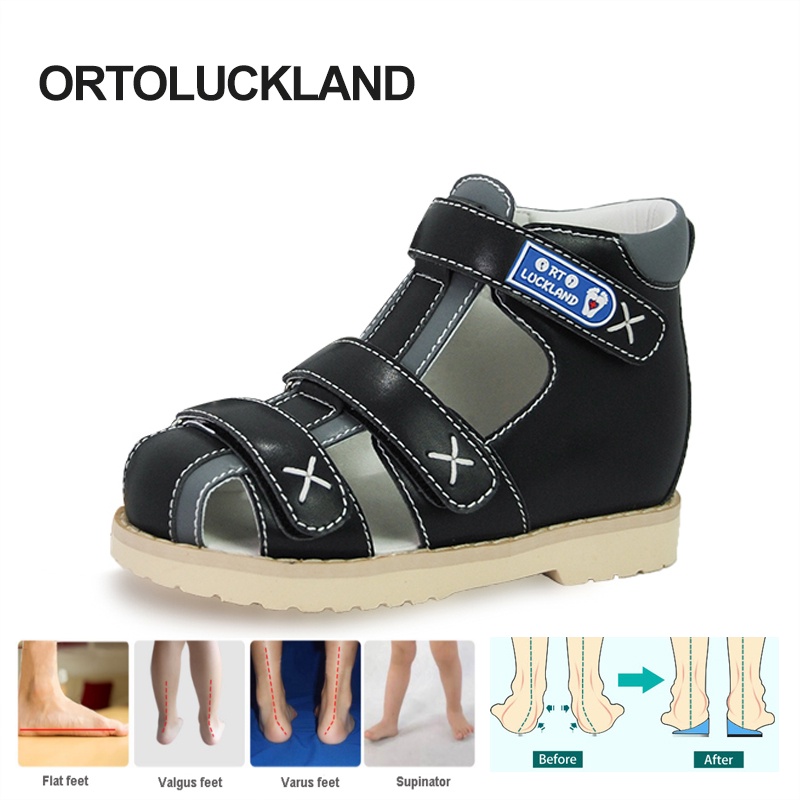 ORTOLUCKLAND Children Orthopedic Shoes for Flatfeet Summer Kids Leather Closed Toe Boys Girls Sandals with Ankle Support