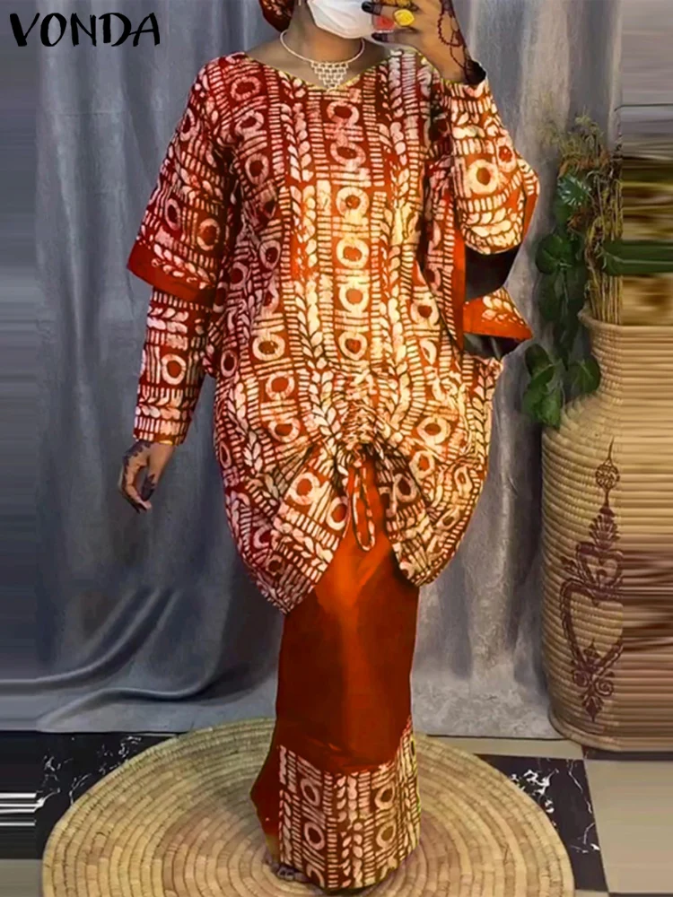 Conjuntos de talla grande 5XL con estampado VONDA para mujer, Top bohemio elegante de manga larga + media falda, conjuntos de dos piezas, traje informal holgado 2024