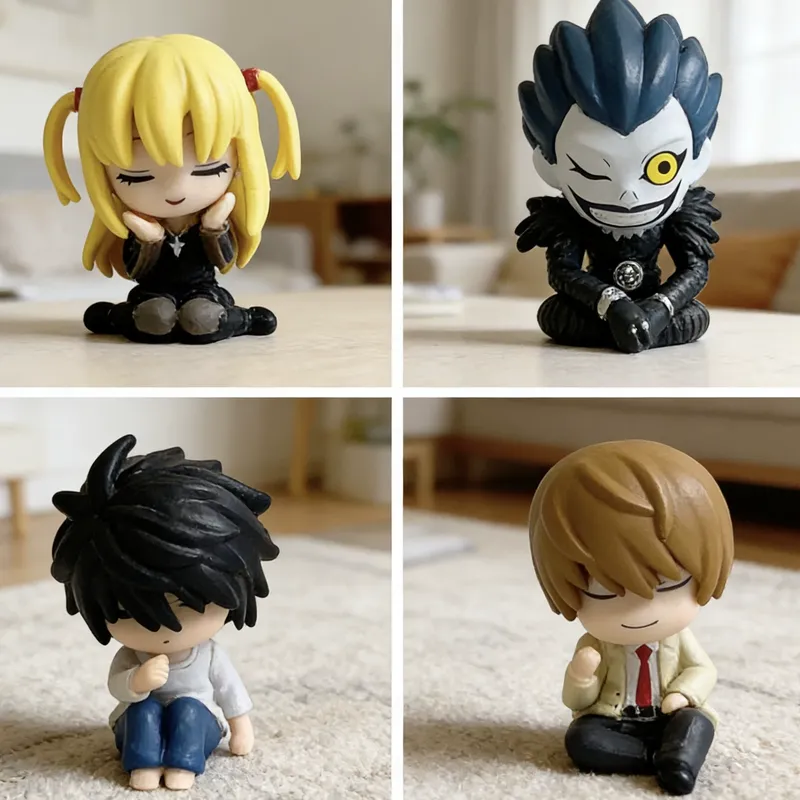 Lot de 4 figurines de collection Death Note : L Lawliet, Light Yagami, Misa Amane, Ryuk – Mini figurines mignonnes, jouets capsule, décorations de voiture, cadeaux anime