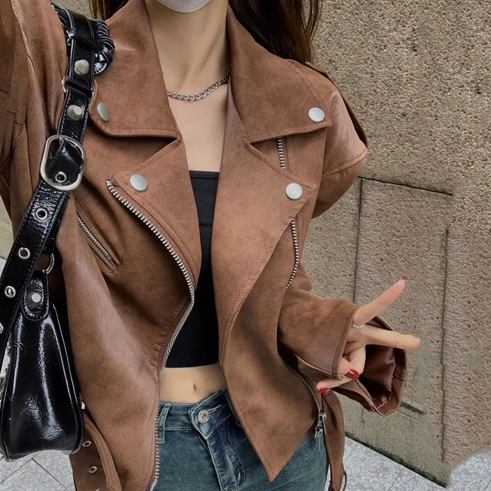 Koreanische Wildleder jacke Frauen Herbst Winter neue feste Reiß verschluss Langarm Mode Lederjacken braun schlanke kurze Pu Lokomotive Mantel