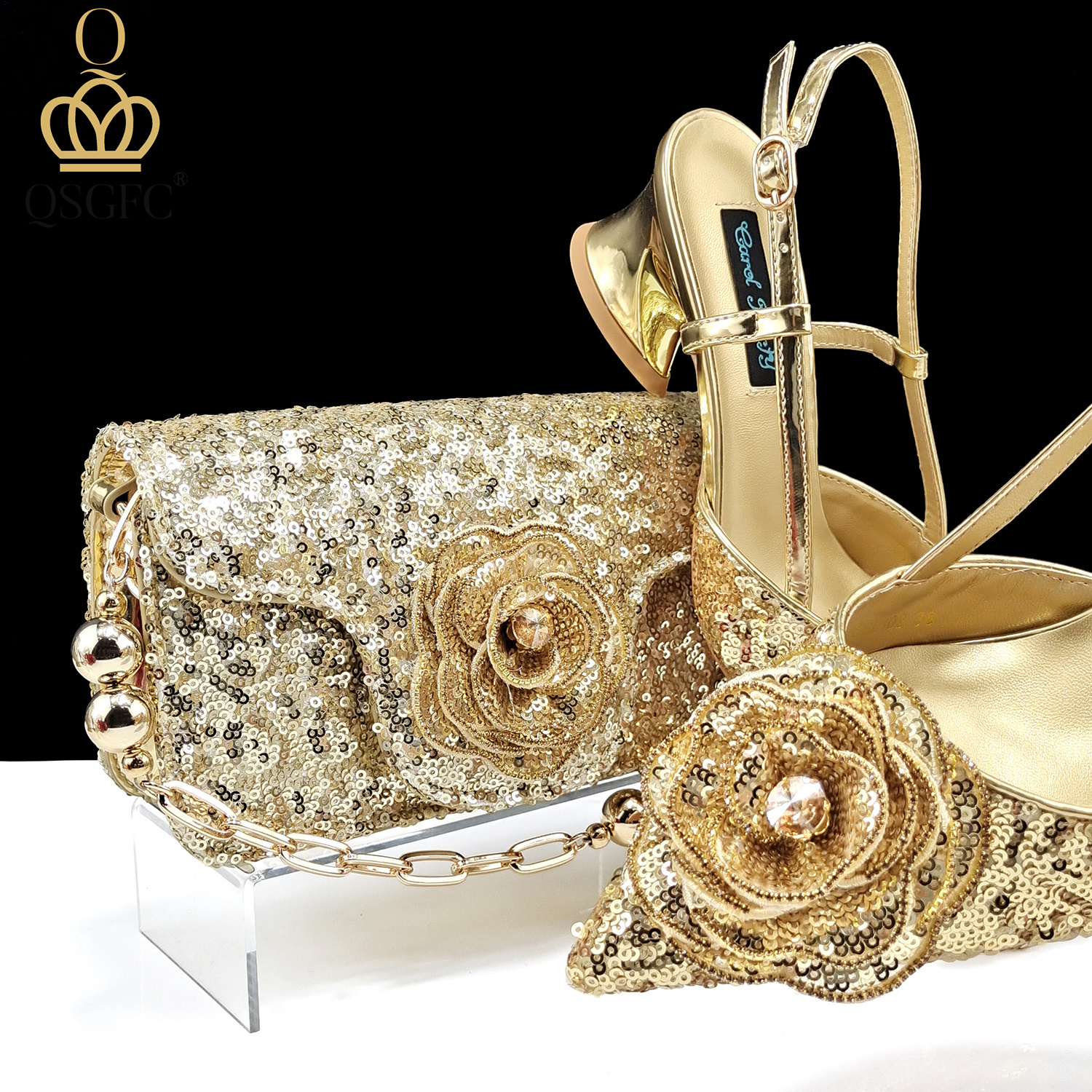 QSGFC – chaussures et sacs couleur or brillant, sacs à main élégants et chaussures à talons moyens, belles fleurs faites à la main pour fête de mariage