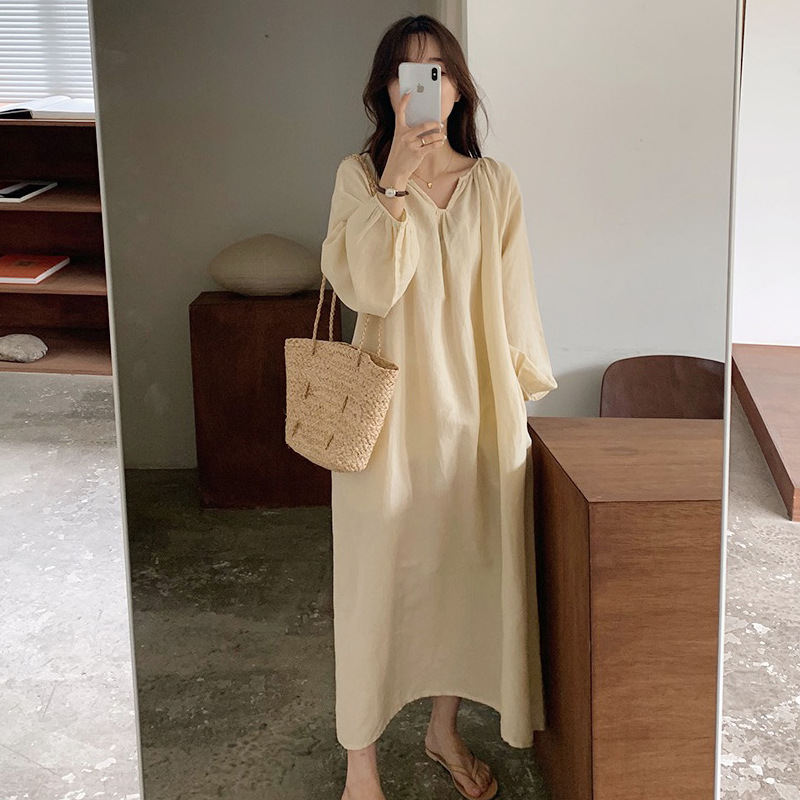 Vestido de pijama coreano de manga larga para mujer, ropa de casa cómoda con cuello en V, 100% algodón, Estilo Vintage