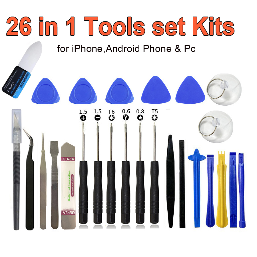 プロ仕様26in1携帯電話修理ツールキット、スクリュードライバー、画面開口用プライバー、吸盤付き、iPhone、Samsung、Xiaomi対応